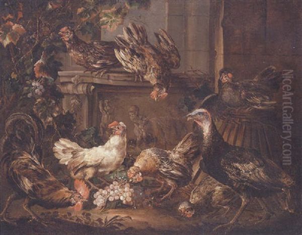 A Turkey, A Cockerel And Hens Eating Grapes By A Bas Relief Oil Painting by Giovanni (Crivellino) Crivelli