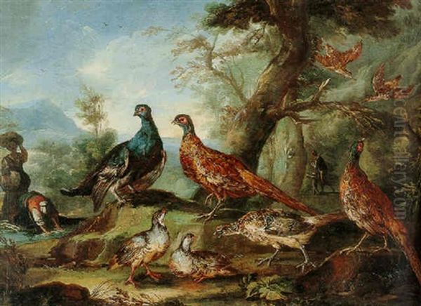 Game Birds In A Landscape With Washerwomen Beyond Oil Painting by Giovanni (Crivellino) Crivelli