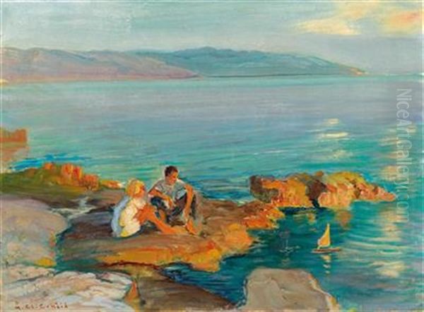 Children On The Beach Oil Painting by Menci Clemens Crncic