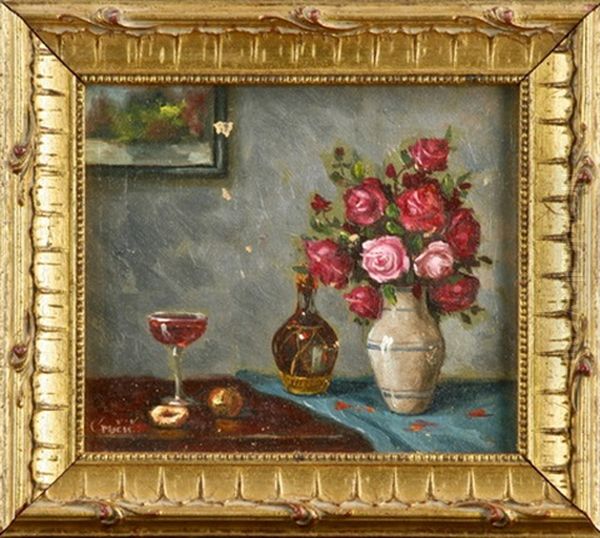 Stillleben Mit Rosen In Vase Und Wein Oil Painting by Menci Clemens Crncic