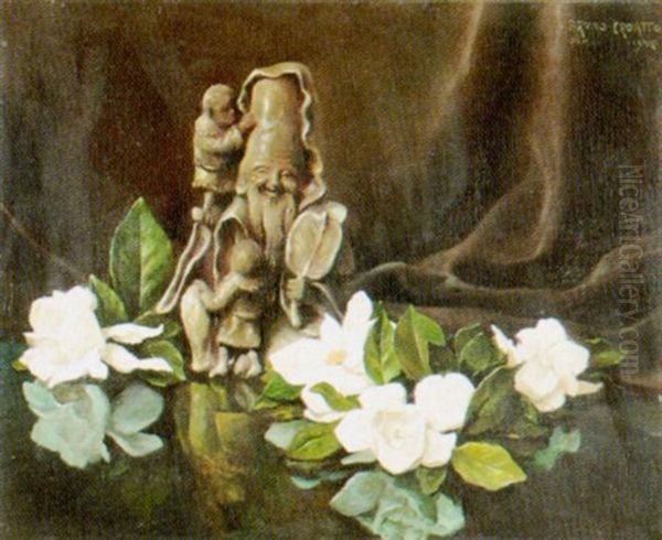 Stillleben Mit Weissen Blumen Und Waldmannchenfigur Oil Painting by Bruno Croatto