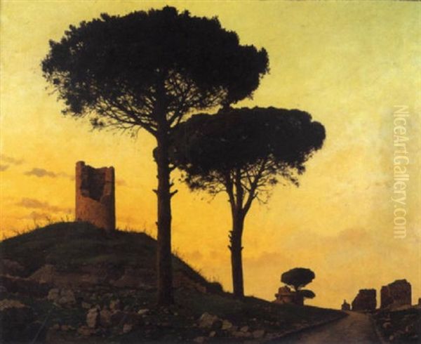 Roma, La Via Appia, 1941 Oil Painting by Bruno Croatto