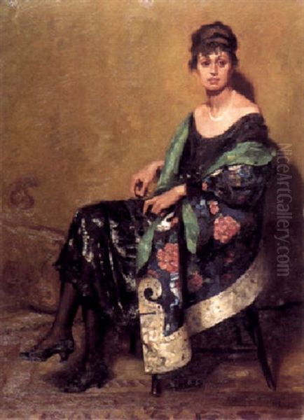 Woman Wearing A Chinese Robe And A Black Sequined Evening Dress Oil Painting by Bruno Croatto