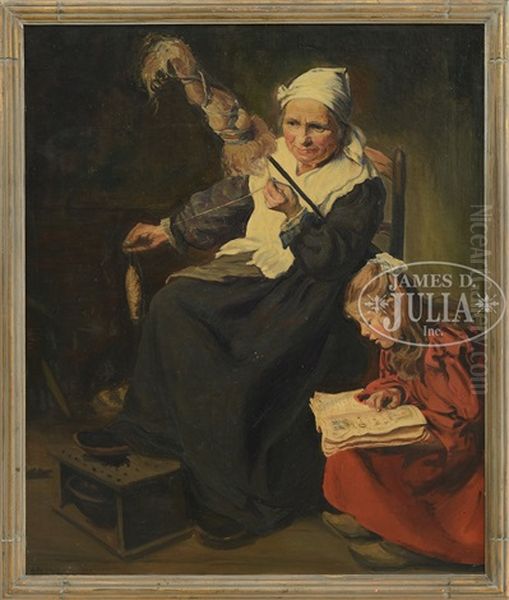 Child Reading Next To Grandmother Spinning Wool Oil Painting by Andre-Antoine Crochepierre