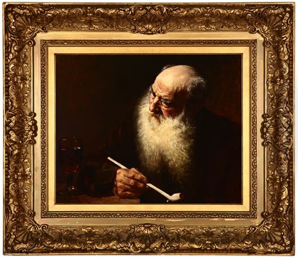 Bearded Man Seated With Pipe And Glass Of Red Wine Oil Painting by Andre-Antoine Crochepierre