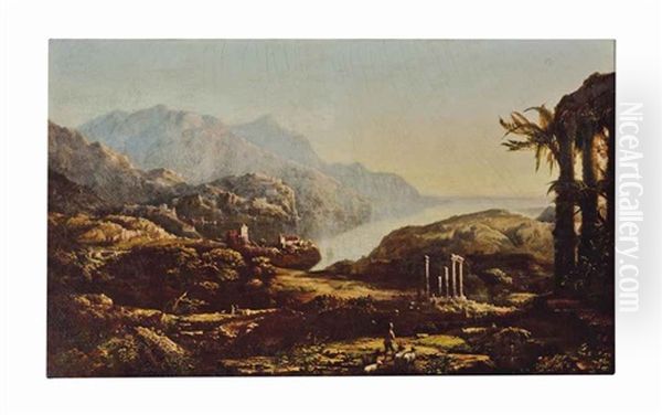 Figures In A Mountainous Landscape With A Town And Ruins In The Distance Oil Painting by John Denison Crocker