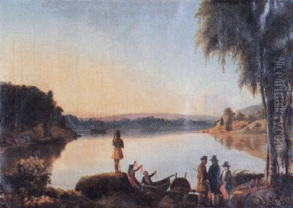 Riverscape With Westerners On Shore Trading With Indians Oil Painting by John Denison Crocker