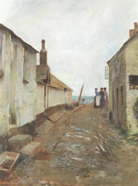 A Fishing Village Street Scene Oil Painting by Henry Edgar Crockett