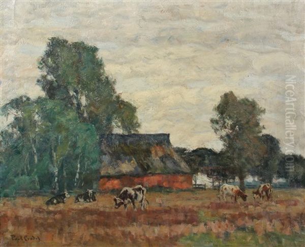 Landschaft Mit Reetgedecktem Haus Und Weidenden Kuhen Oil Painting by Paul Eduard Crodel