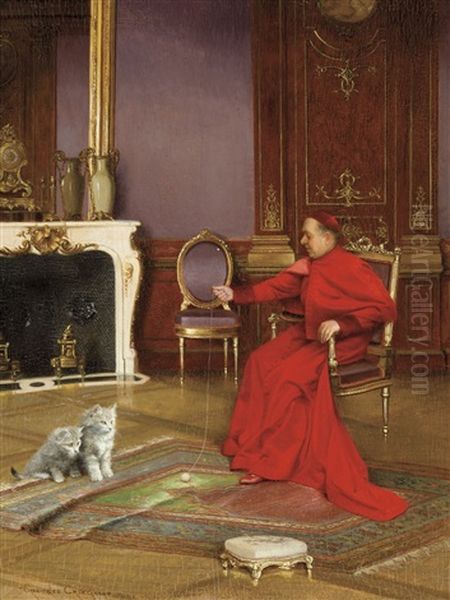 The Cardinal And His Kittens Oil Painting by Georges Croegaert