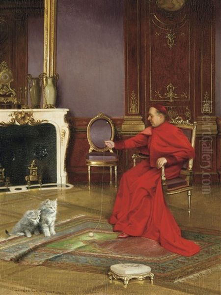 The Cardinal And The Kittens Oil Painting by Georges Croegaert