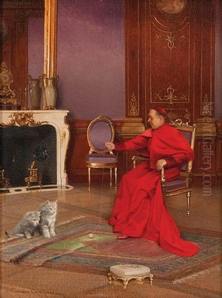 Cardinal In Interior, Playing With Cats by Georges Croegaert