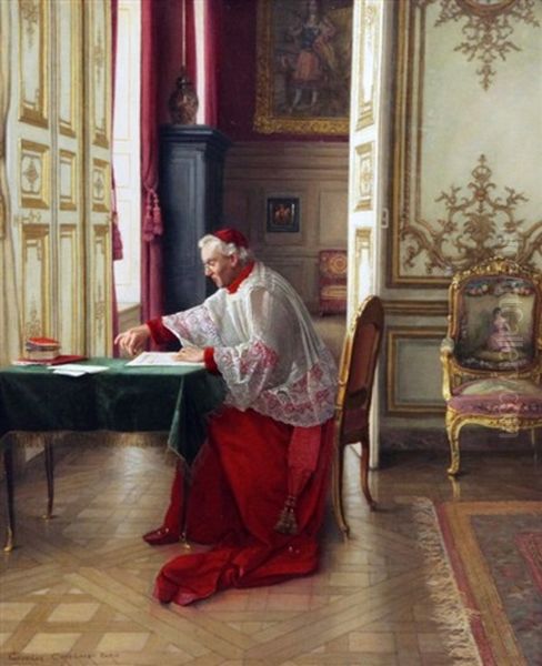 A Cardinal Reading Oil Painting by Georges Croegaert