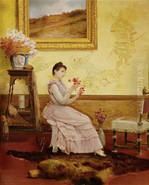 Interieur Mit Einer Dame Und Blumen Oil Painting by Georges Croegaert