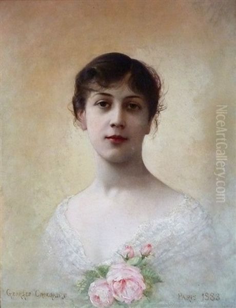 Portrait De Jeune Fille Aux Roses Oil Painting by Georges Croegaert