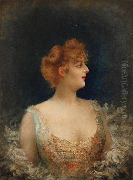 Fille De Profil Au Boa Oil Painting by Georges Croegaert