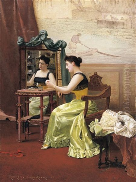 Jeune Femme A Sa Toilette Dans Un Interieur Japonisant Oil Painting by Georges Croegaert