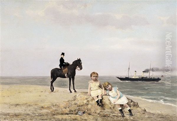 Sur La Plage (trouville) Oil Painting by Georges Croegaert