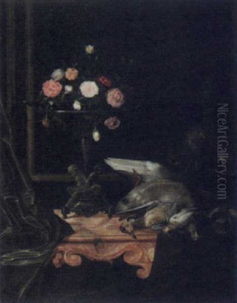 Still Life With Game And A Compote Of Flowers Oil Painting by Georges Croegaert