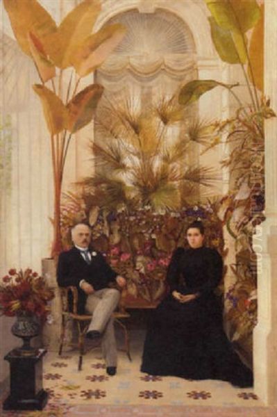 A Couple In A Conservatory Interior Oil Painting by Georges Croegaert