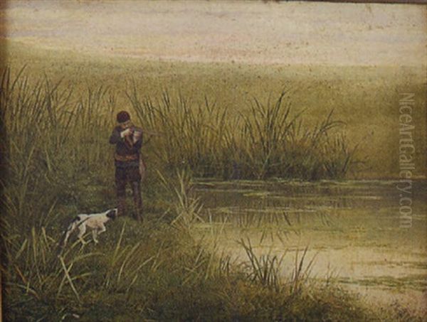 Landscape With A Hunter And His Dog Beside A Pond Oil Painting by Georges Croegaert