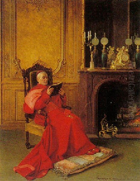 A Cardinal Reading By A Fire Oil Painting by Georges Croegaert