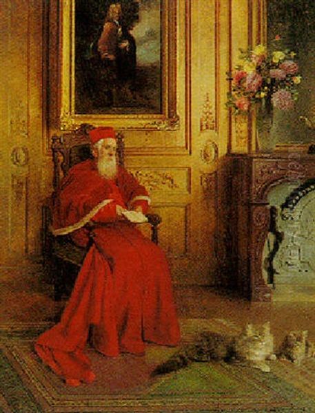 A Cardinal With Two Cats Oil Painting by Georges Croegaert