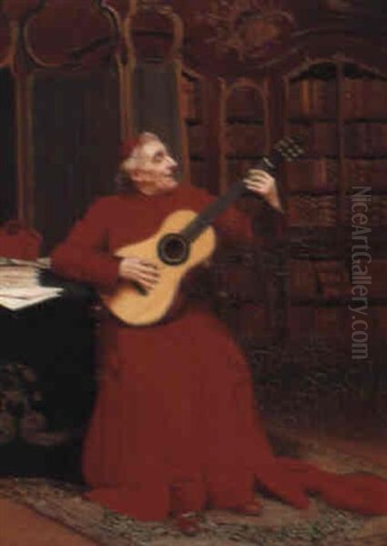 A Cardinal Playing The Guitar Oil Painting by Georges Croegaert