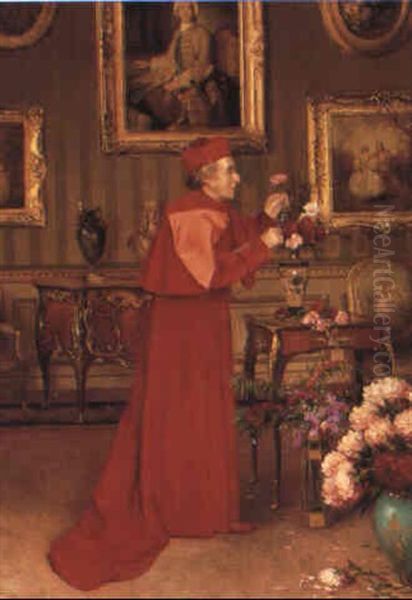 Cardinal In An Interior Oil Painting by Georges Croegaert