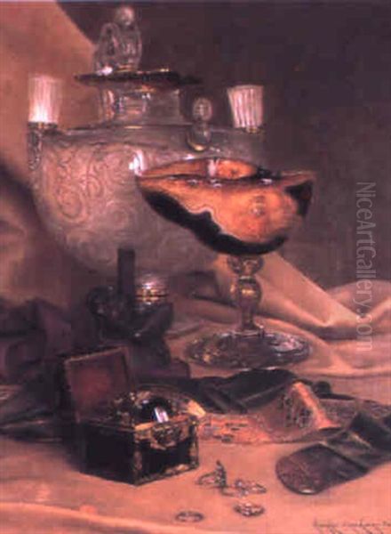 Silver Cup, Vase And Jewelry On A Draped Table Oil Painting by Georges Croegaert