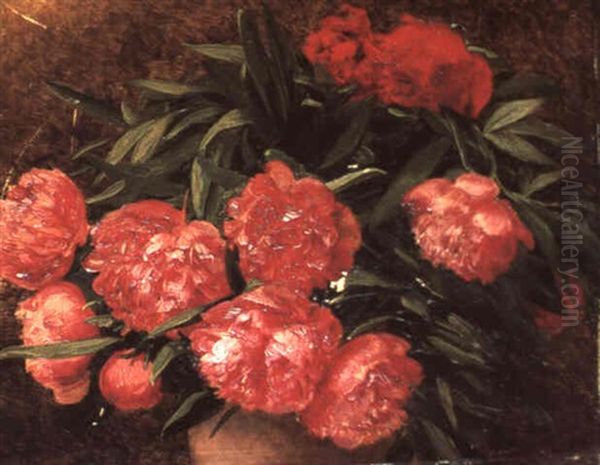 Roter Pfingstrosenstrauss Oil Painting by Georges Croegaert