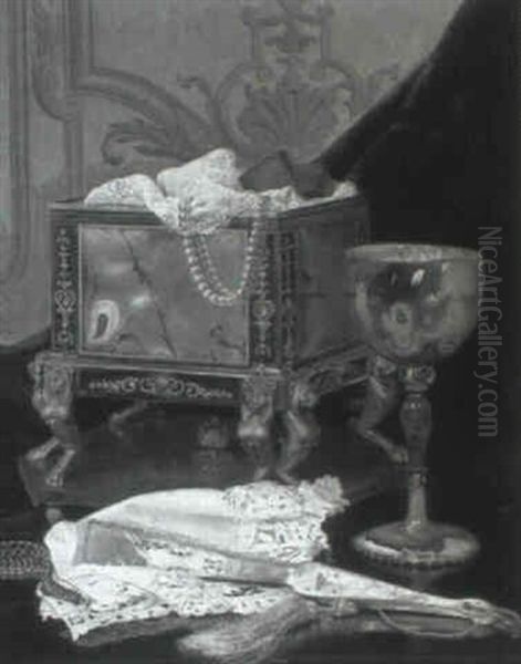 A Still Life Of A Goblet, A Jewellery Casket And A Fan Oil Painting by Georges Croegaert