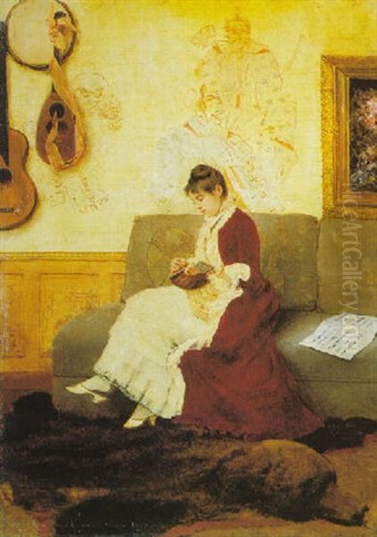 An Elegant Lady Playing A Mandolin Oil Painting by Georges Croegaert