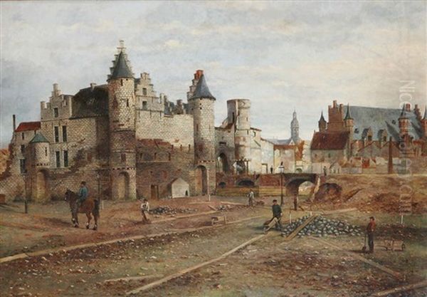 La Reconstruction Du Chateau-fort Steen A Anvers Oil Painting by Jan-Jacob Croegart-Van Bree