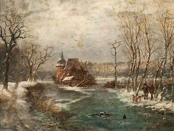 Winterlandschaft Mit Jagern Und Hunden Vor Einer Burg Oil Painting by Jan-Jacob Croegart-Van Bree