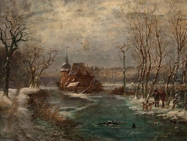 Winterlandschaft Mit Jagern Und Hunden Vor Einer Burg Oil Painting by Jan-Jacob Croegart-Van Bree