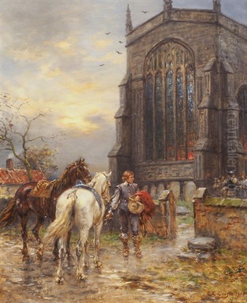 Pferde Und Kavalier Vor Einer Kirche Oil Painting by Ernest Crofts