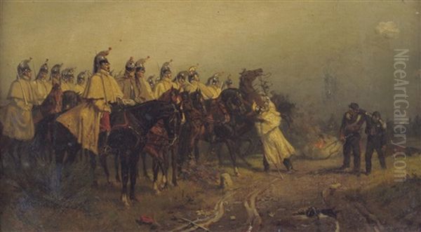 Soldiers On Horseback, With The Walking Wounded Nearby Oil Painting by Ernest Crofts