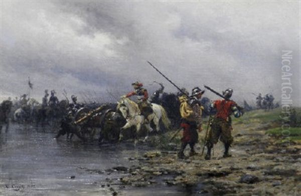 Round Horse Artillery Crossing A Stream Oil Painting by Ernest Crofts