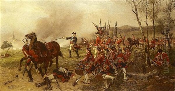 George Ii At The Battle Of Dettington. 'george Dismounted, Drew His Sword, And Put Himself At The Head...' Oil Painting by Ernest Crofts