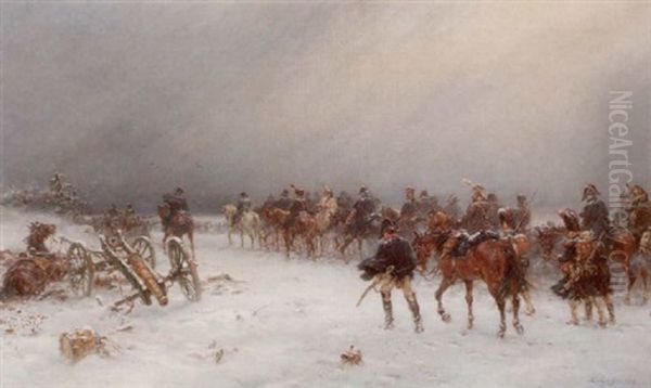 Efter Moskva - Snolandskap Med Napoleons Retirerande Arme Oil Painting by Ernest Crofts