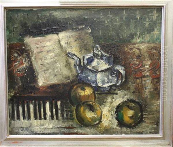 Stilleven Met Klavier, Blauw Potje En Appels Oil Painting by Jos Croin