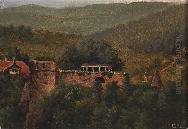 View Of The Geiersburg In The Erzgebirge Oil Painting by Georg Heinrich Crola