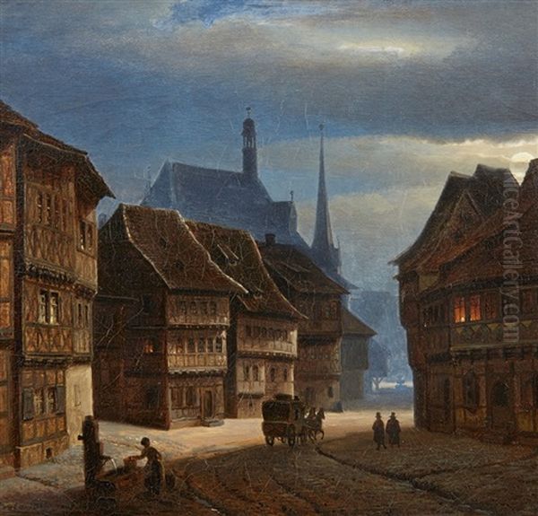 Wernigerode Marketplace By Night Oil Painting by Georg Heinrich Crola