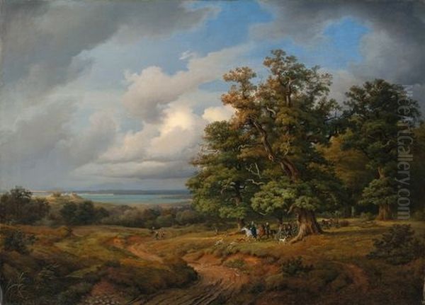 Jagdgesellschaft An Einem Bayrischen See Oil Painting by Georg Heinrich Crola