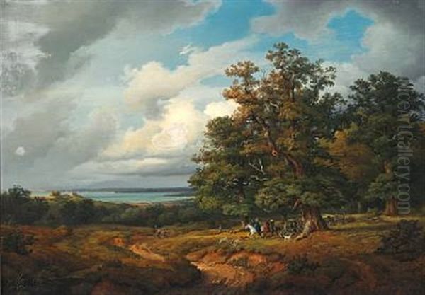 Landscape With A Hunting Party Oil Painting by Georg Heinrich Crola