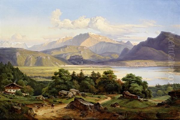 Grosse Landschaft Am Inn, Mit Blick Auf Kufstein Und Das Kaisergebirge Oil Painting by Georg Heinrich Crola