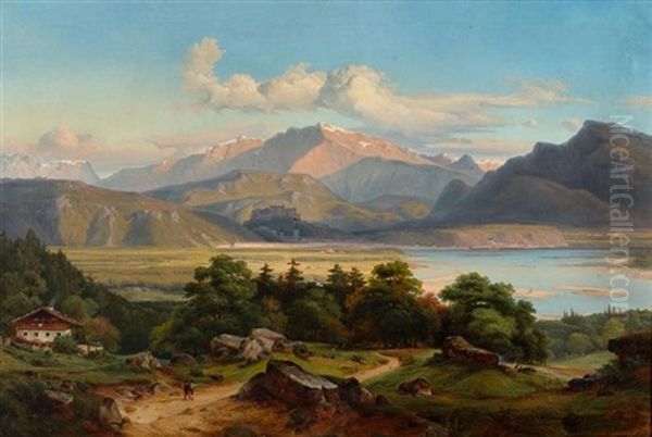 Grosse Landschaft Am Inn Mit Blick Auf Kufstein Und Das Kaisergebirge Oil Painting by Georg Heinrich Crola