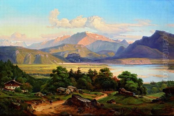 Grosse Landschaft Am Inn, Mit Blick Auf Kufstein Und Das Kaisergebirge Oil Painting by Georg Heinrich Crola