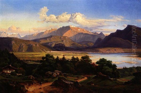 Grosse Landschaft Am Inn, Mit Blick Auf Kufstein Und Das Kaisergebirge Oil Painting by Georg Heinrich Crola